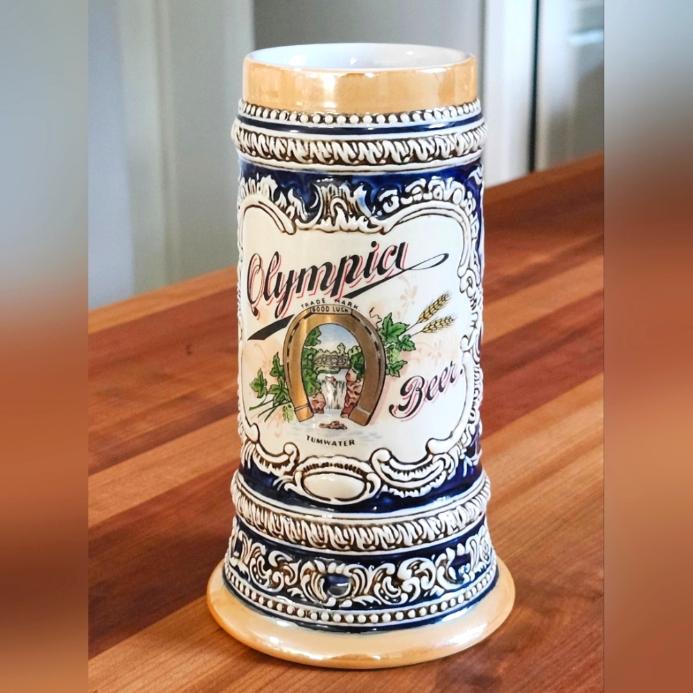 Vintage Olympia Beer Ceramic Stein with Blue and Tan Accents